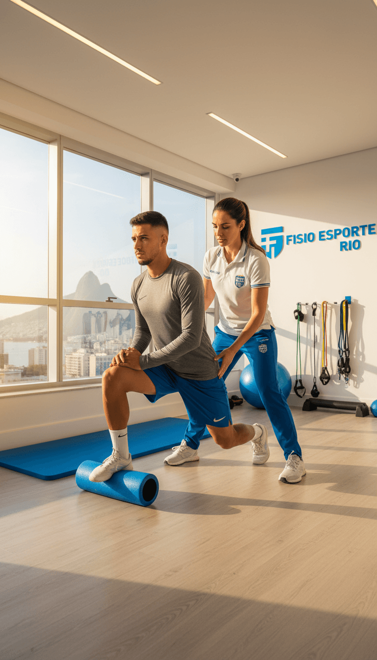 Physiotherapist assessing football player's leg flexibility at F10 fisio clinic in Rio de Janeiro