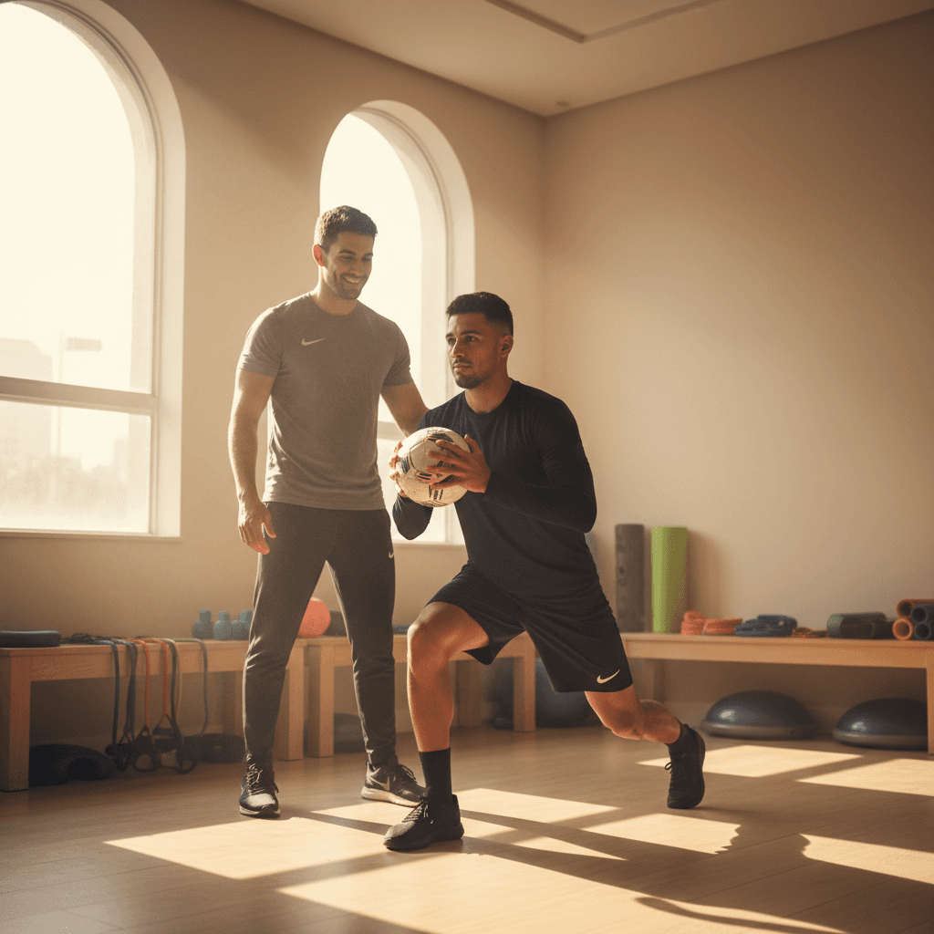 Physiotherapist demonstrating mobility exercise to player