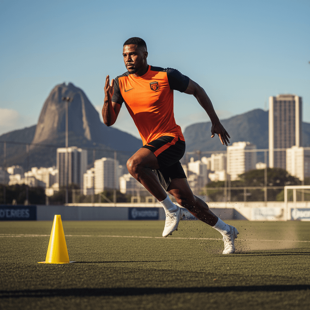Football player performing sprint conditioning drill