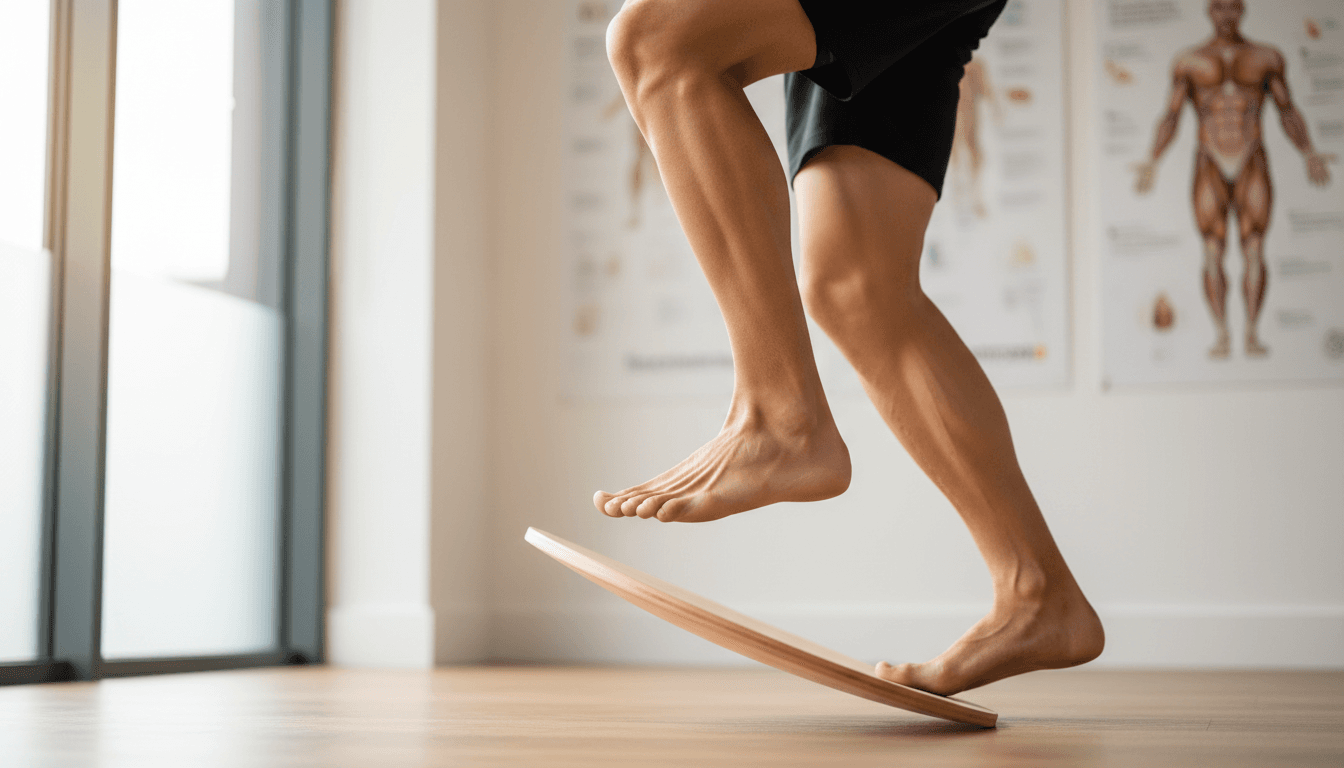 Footballer performing balance and proprioceptive training